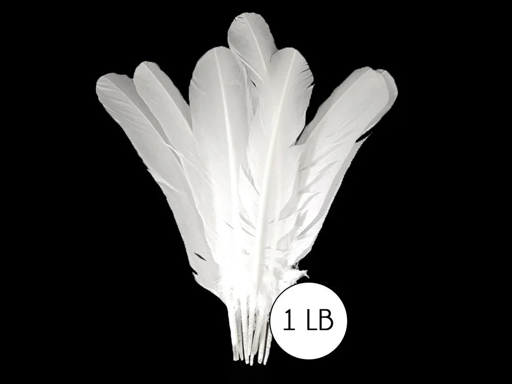 Large bundle of white craft feathers, 1 lb weight, for DIY fashion and decor.