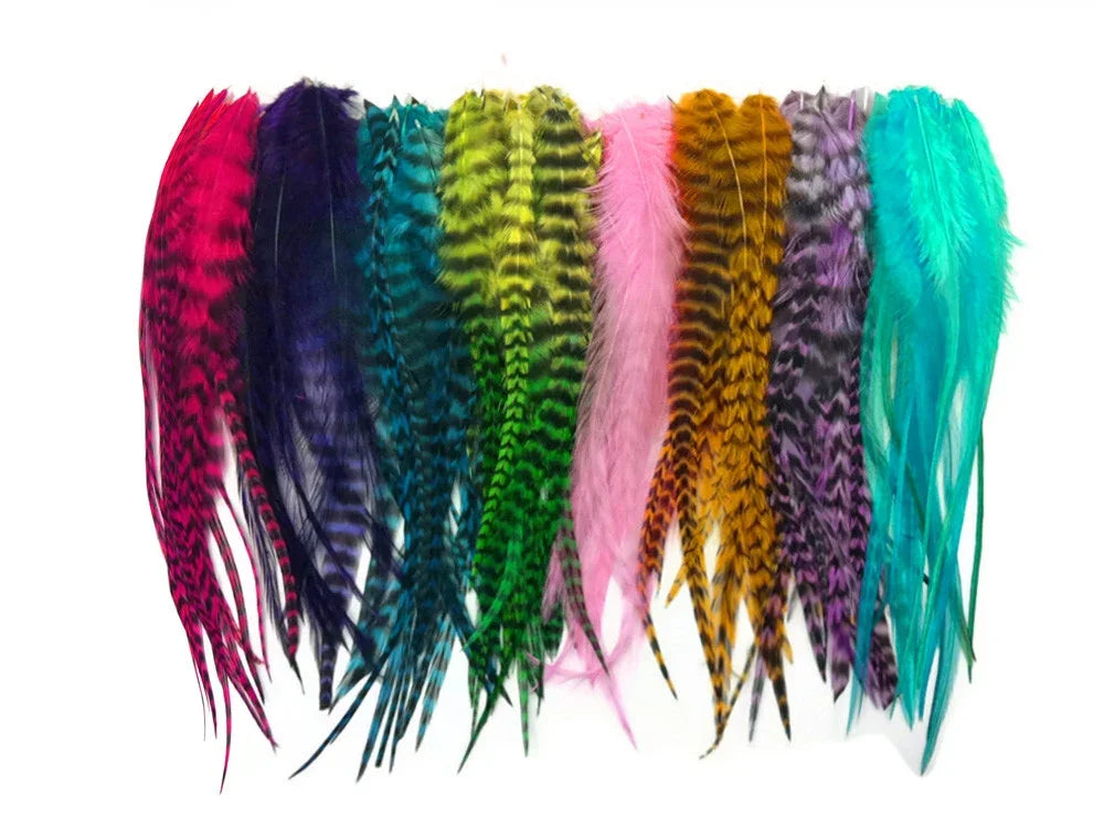 Assorted colorful craft feathers in pink, blue, green, and patterned natural tones.
