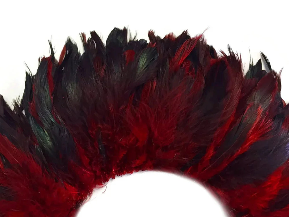 Red and black decorative feathers for fashion and DIY crafts.