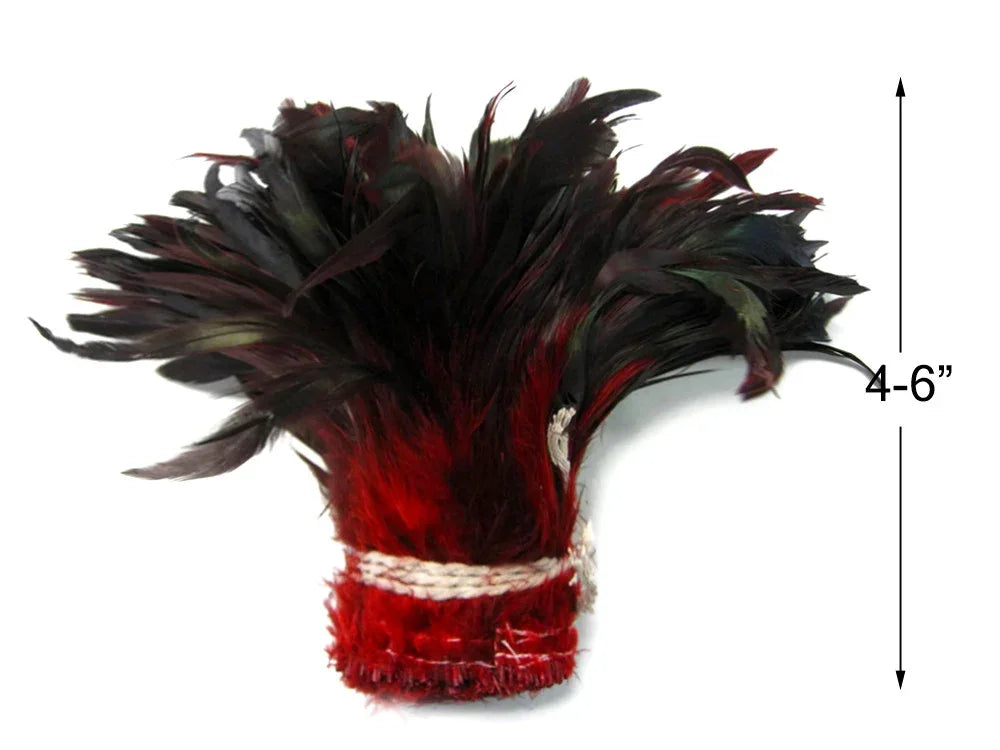 Bundle of dark iridescent red and black craft feathers, 4-6 inches long.