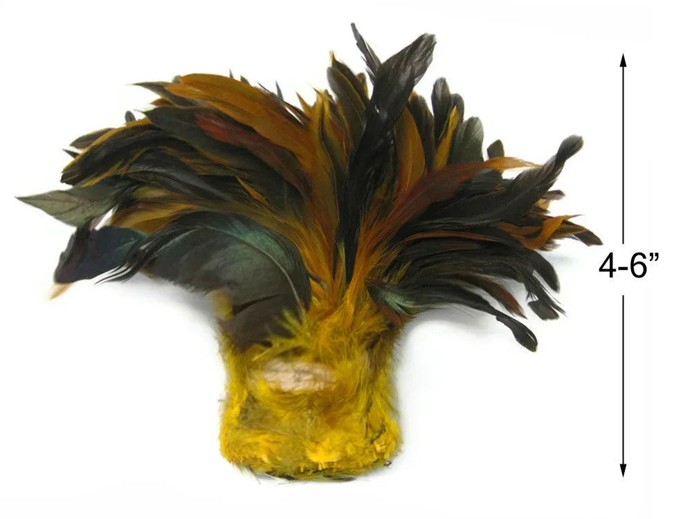Multi-colored craft feathers in shades of black, gold, and brown, 4-6 inches long.