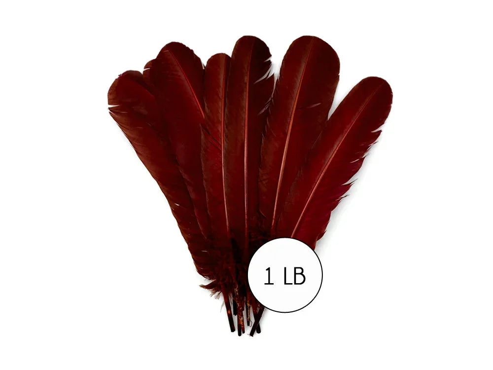 Bulk pack of deep burgundy red feathers for crafts and fashion decor, 1 lb weight.