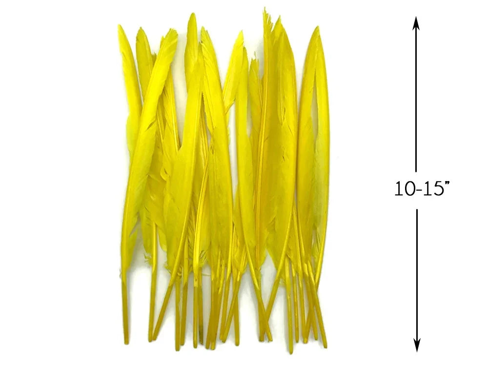 Vibrant yellow craft feathers, 10-15 inches long, for DIY fashion and decor.