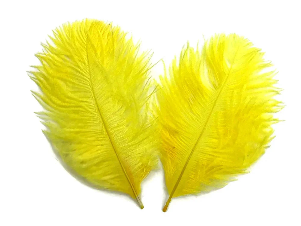 Two bright yellow ostrich feathers for DIY crafts and fashion decor on a white background.