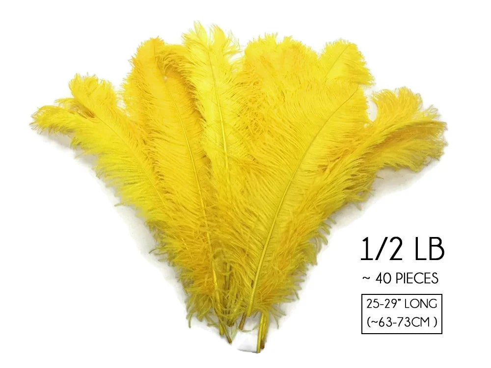 Bundle of 40 bright yellow ostrich feathers, 25-29 inches long, for crafts and fashion DIY.