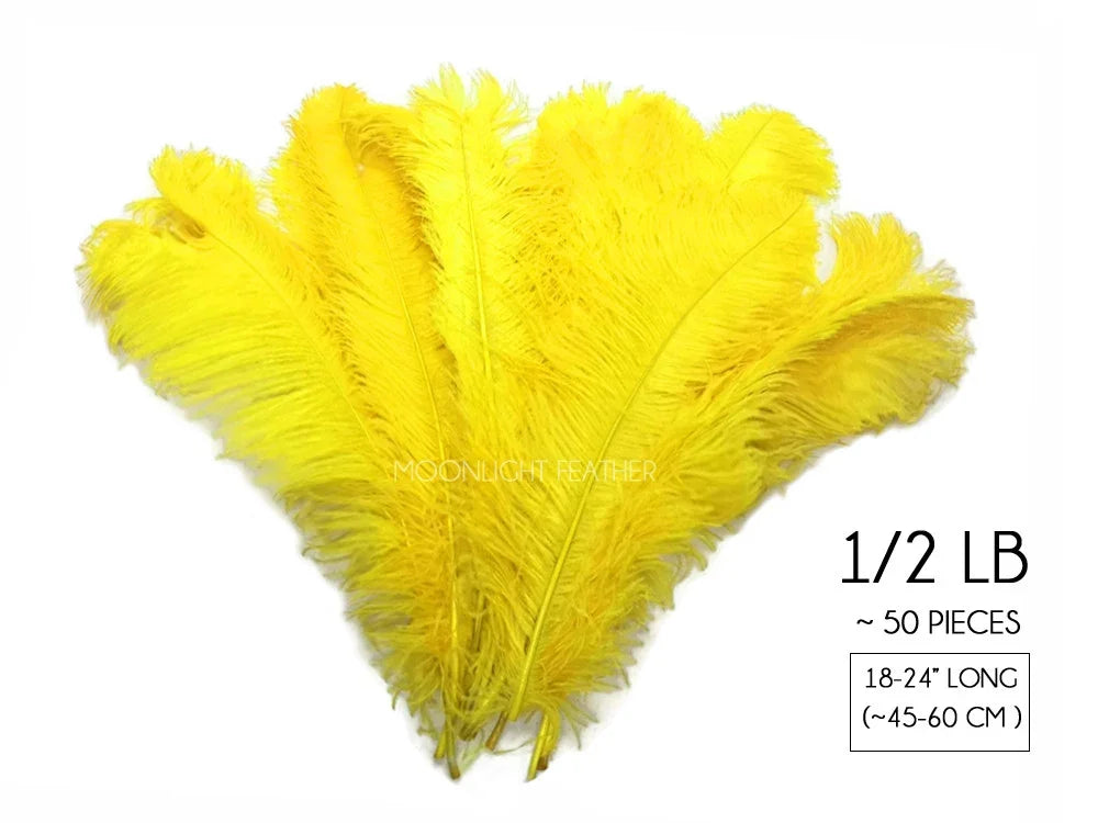 Bundle of 50 bright yellow ostrich feathers, 18-24 inches long, for crafts and fashion decor.