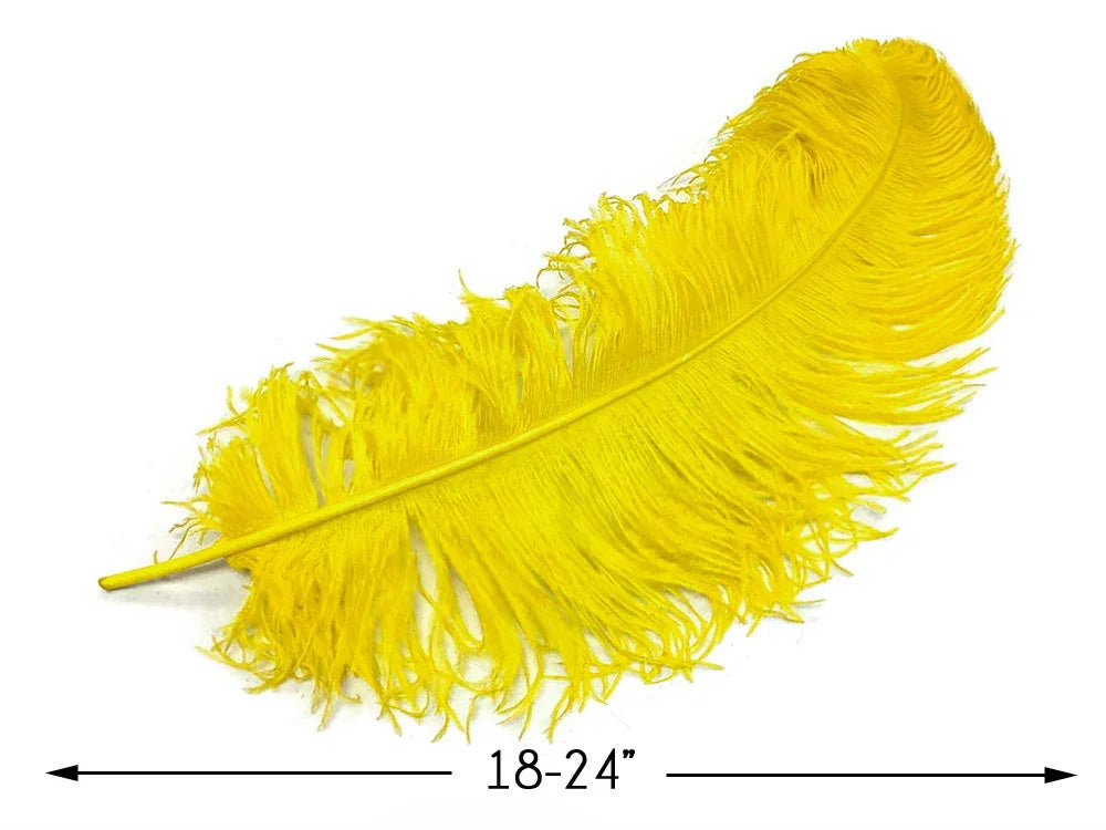Large vibrant yellow ostrich feather for crafts and fashion decor, 18-24 inches long