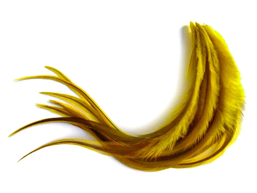 Vibrant yellow ostrich feathers for DIY crafts and fashion accessories on a white background.