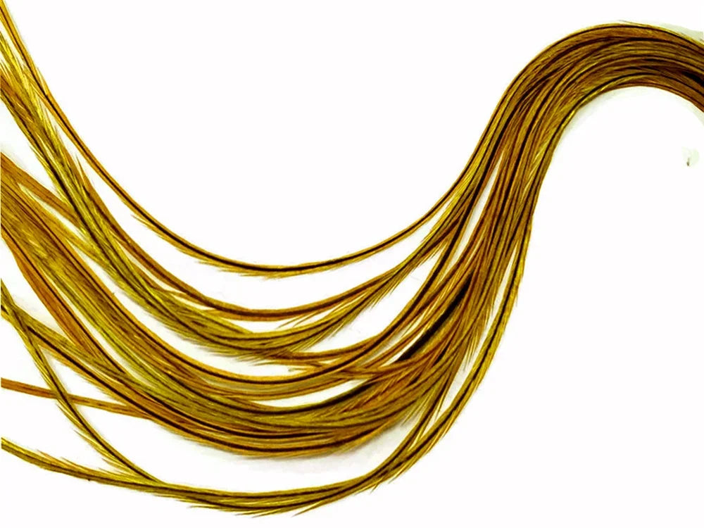 Long golden brown decorative feathers for crafts and fashion DIY projects.