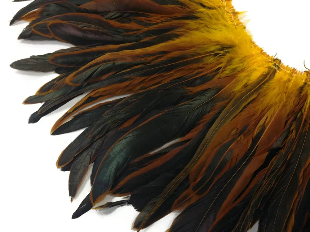 1/2 Yard - 8-10" Golden Yellow Half Bronze Natural Dyed Coque Tail Strung Wholesale Feathers (Bulk)