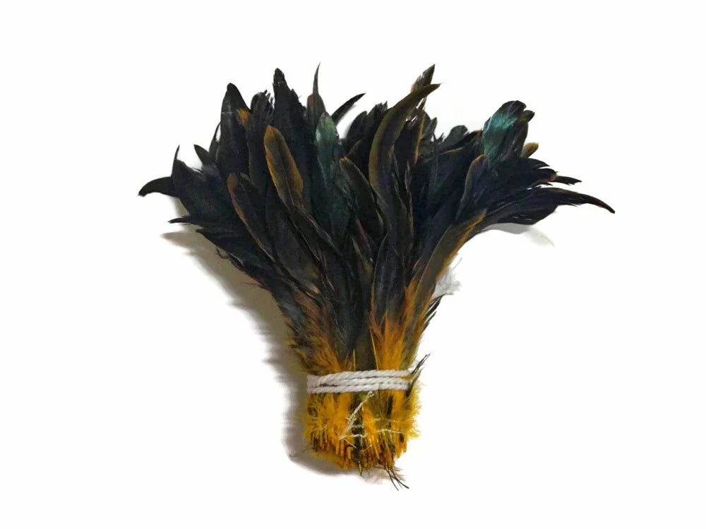 2.5 Inch Strip - 8-10" Golden Yellow Half Bronze Natural Dyed Coque Tail Strung Feathers