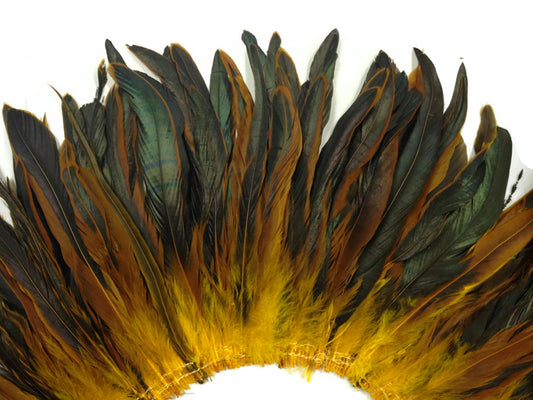 2.5  Inch Strip -  Yellow Gold Half Bronze Natural Dyed Coque Tail Strung Feathers