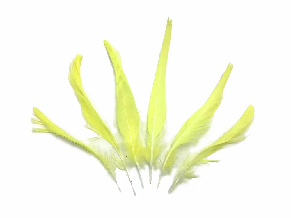 Set of vibrant yellow craft feathers for DIY fashion and décor projects.