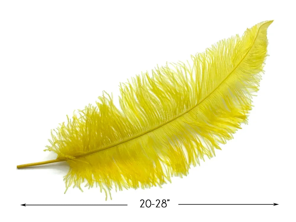 Large vibrant yellow ostrich feather for crafts and fashion decor, 20-28 inches.