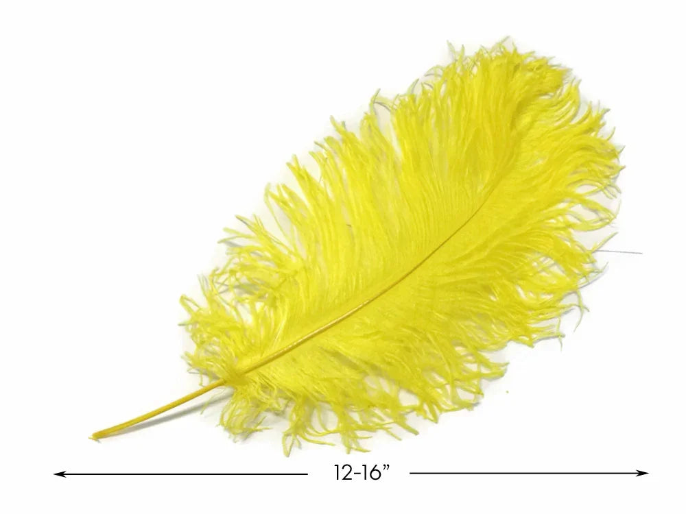 Vibrant yellow ostrich feather for crafts and fashion decor, 12-16 inches long.