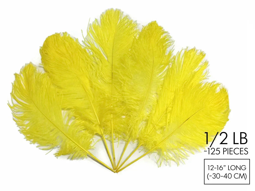 Bright yellow ostrich feathers for crafts and fashion decor, 12-16 inches long.