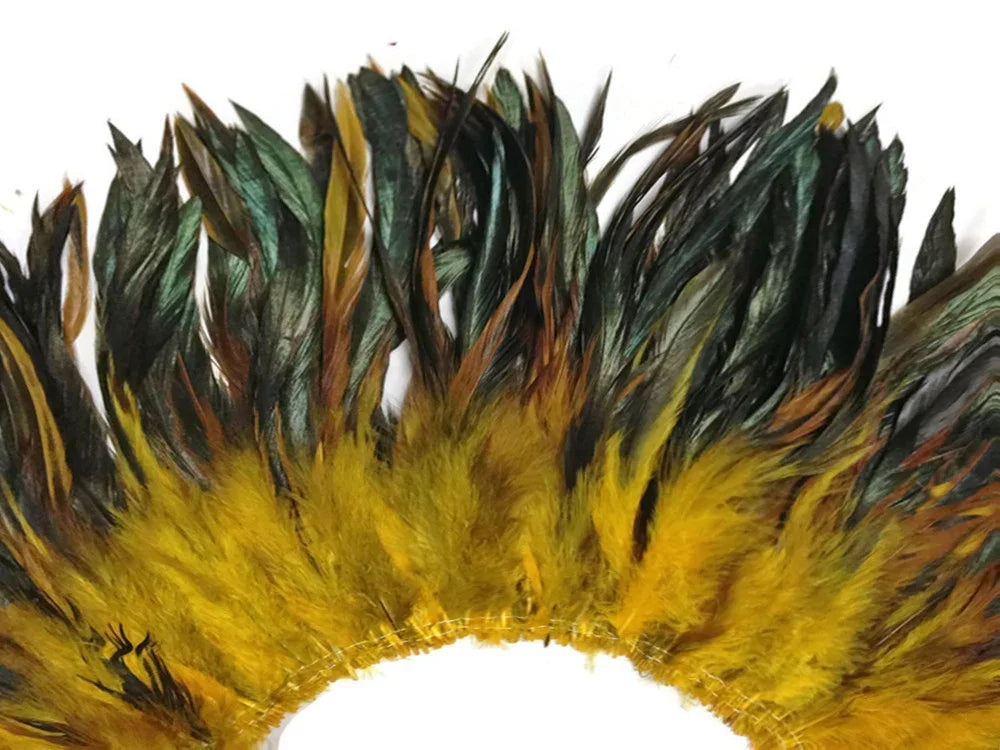 Vibrant yellow and dark green feathers arranged in a decorative fan shape for crafts.