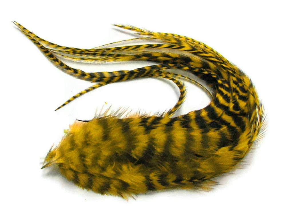Yellow and black striped decorative feathers for crafts and fashion DIY supplies.