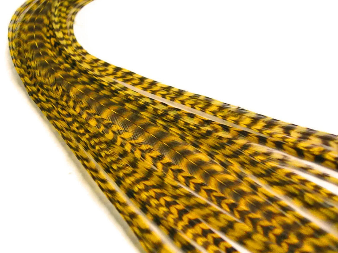 Yellow and black patterned craft feathers for DIY fashion and decor.