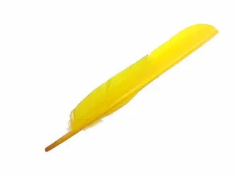 Single bright yellow craft feather isolated on a white background.