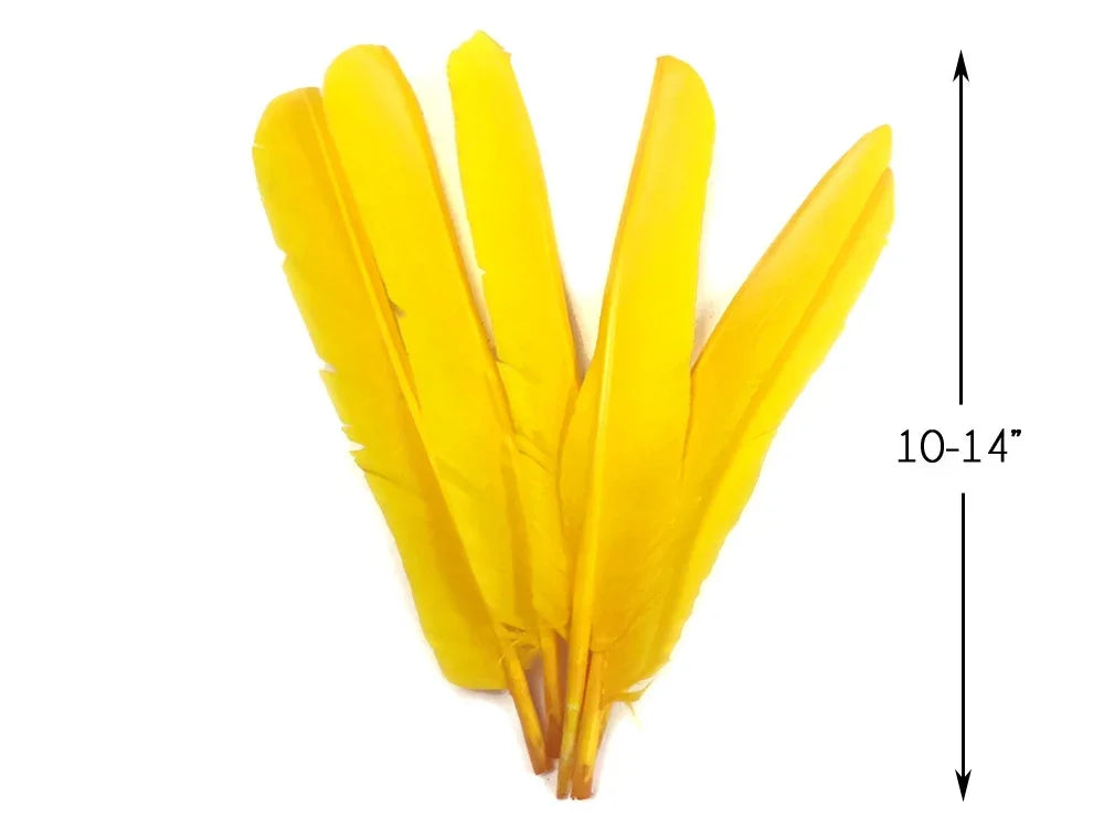 Vibrant yellow craft feathers, 10-14 inches long, for DIY fashion and décor.