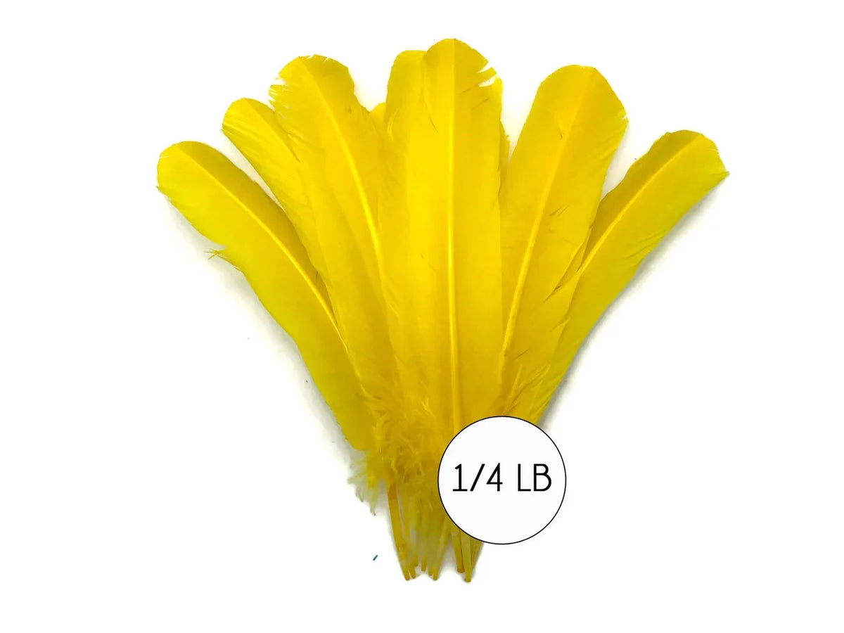 Vibrant yellow craft feathers for DIY fashion and decor, 1/4 lb bulk pack.