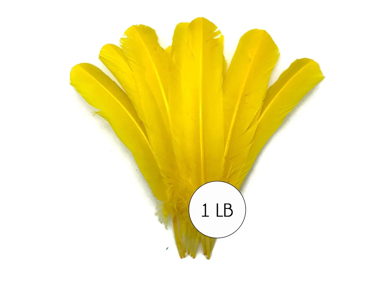 Bright yellow craft feathers fan arrangement, 1 lb bulk pack for DIY fashion and décor