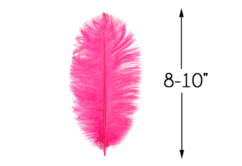 Hot pink ostrich drab feather beside an 8–10 inch length guide.