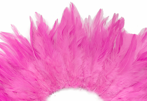 Fan of bright pink rooster saddle feathers.