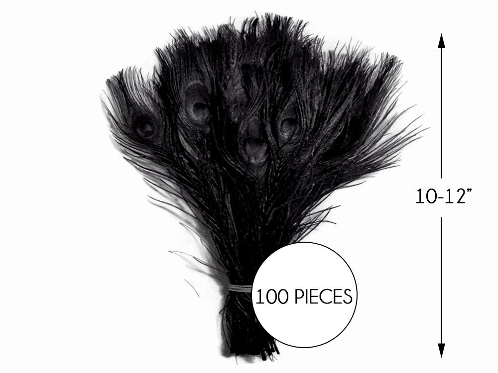 100 Pieces – Black Bleached & Dyed Peacock Tail Eye Wholesale Feathers (Bulk) 10-12” Long