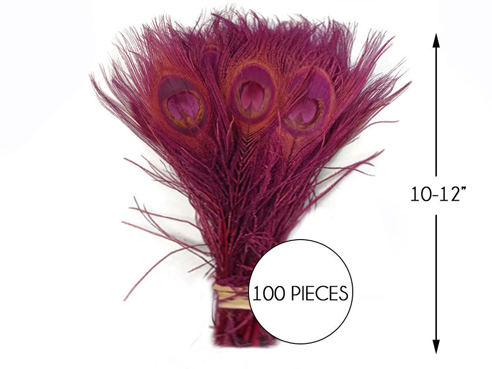 100 Pieces – Burgundy Bleached & Dyed Peacock Tail Eye Wholesale Feathers (Bulk) 10-12” Long 