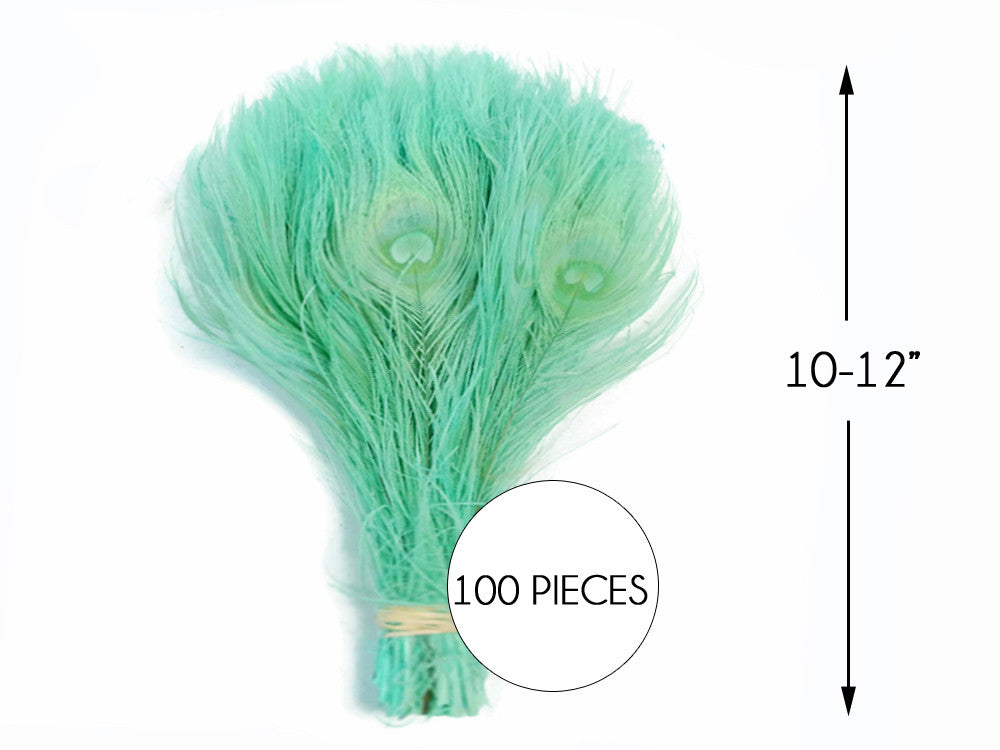 100 Pieces - Aqua Green Bleached & Dyed Peacock Tail Eye Wholesale Feathers (Bulk)