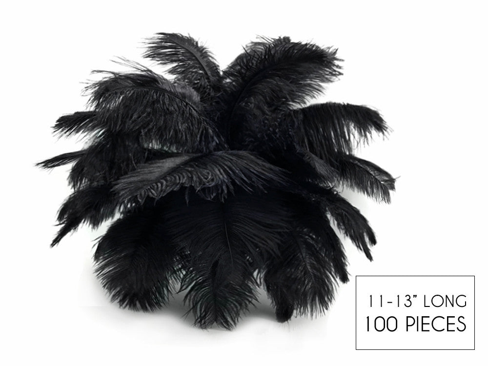 100 Pieces - 11-13" Black Ostrich Drabs Wholesale Body Feathers (Bulk)