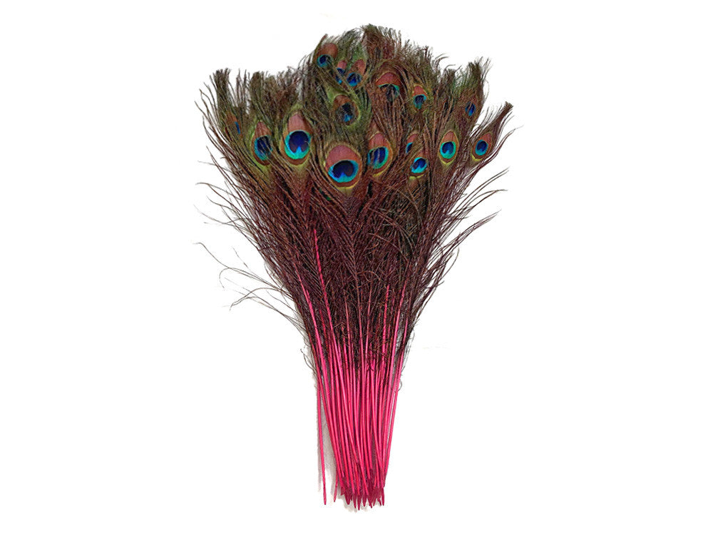 50 Pieces - 20-25" Candy Pink Dyed Over Natural Long Peacock Tail Eye Wholesale Feathers (Bulk)