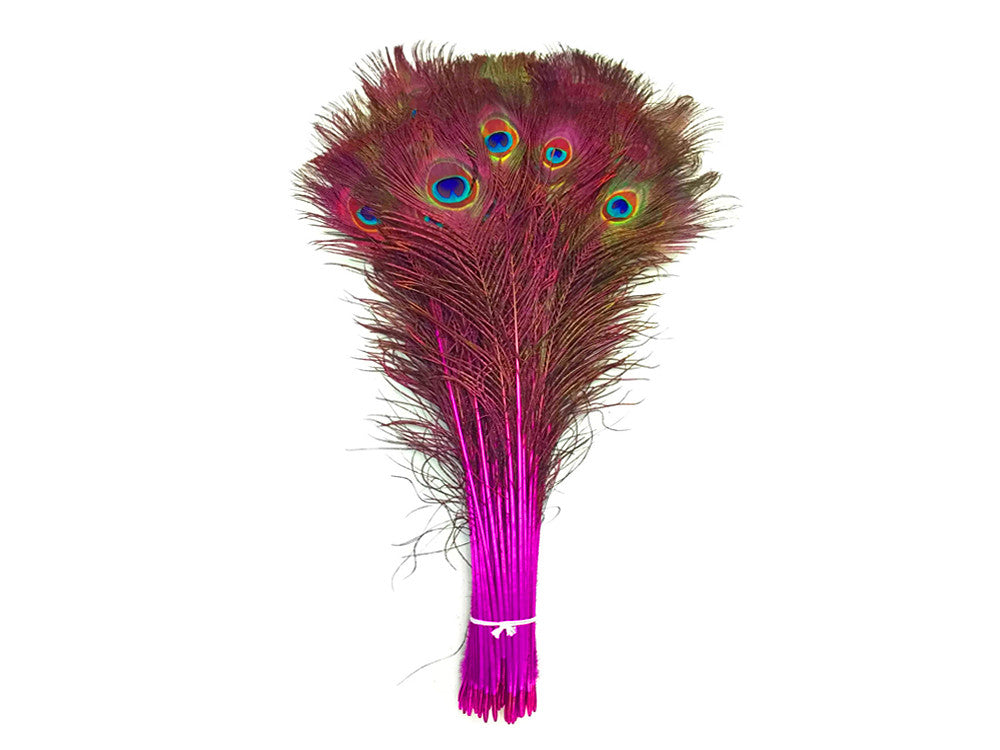 50 Pieces - 20-25" Hot Pink Dyed Over Natural Long Peacock Tail Eye Wholesale Feathers (Bulk)