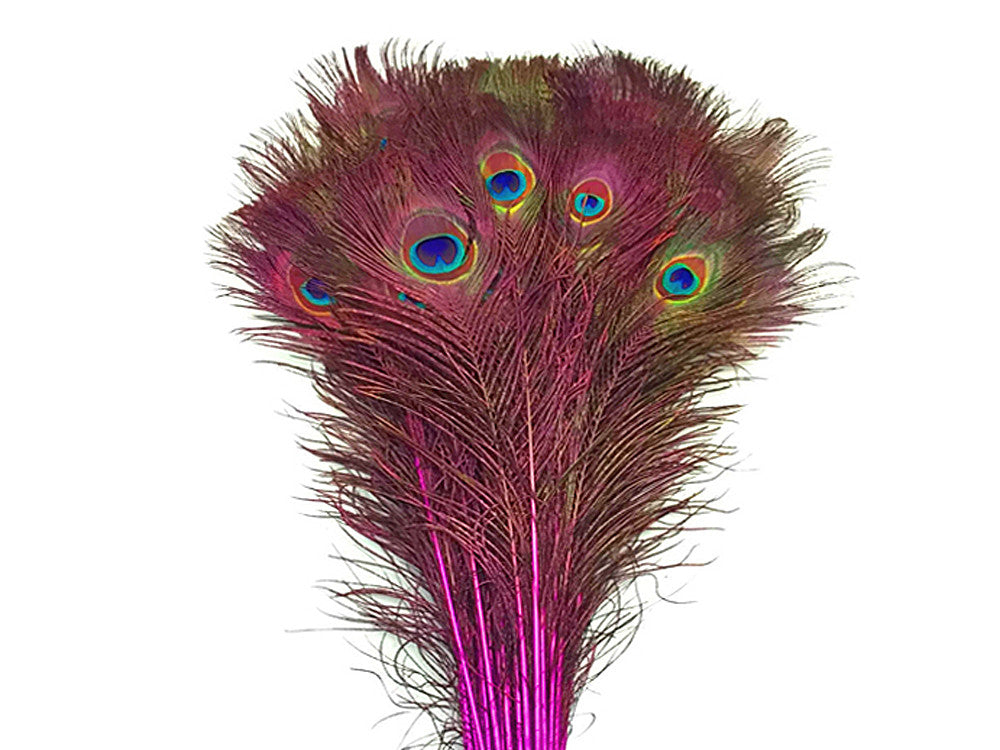 50 Pieces - 30-35" Hot Pink Dyed Over Natural Long Peacock Tail Eye Wholesale Feathers (Bulk)