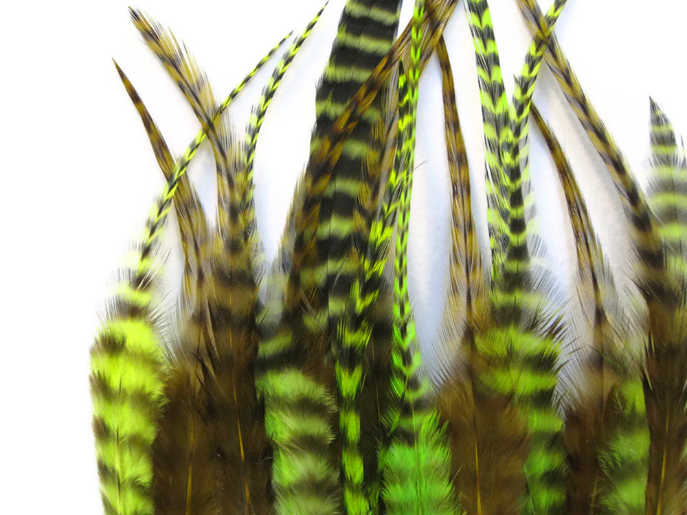 2 Dozen - Green And Olive Short Mix Grizzly Rooster Hair Extension Feathers