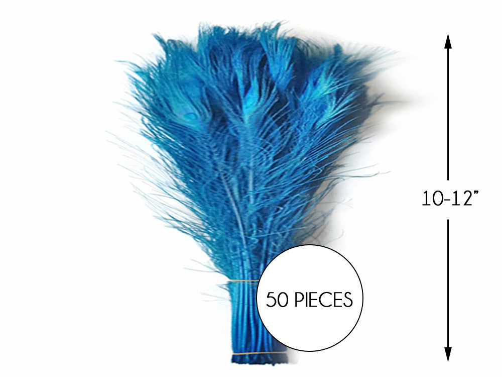 50 Pieces – Turquoise Blue Bleached & Dyed Peacock Tail Eye Wholesale Feathers (Bulk) 10-12” 