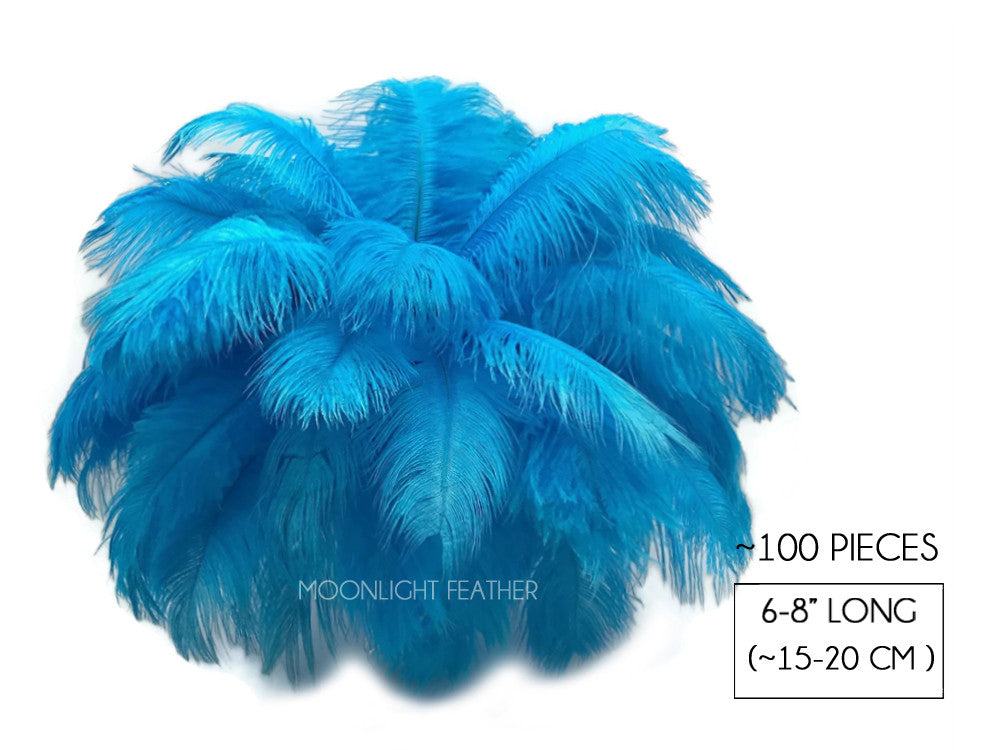 100 Pieces - 6-8" Turquoise Blue Ostrich Drab Wholesale Feathers (Bulk)