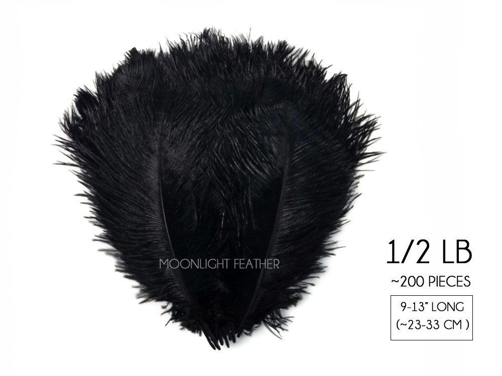 1/2 Lb. - 9-13" Black Dyed Ostrich Body Drab Wholesale Feathers (Bulk)