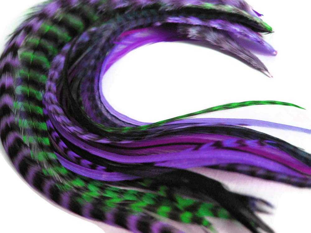 1 Dozen - Medium Purple Grizzly Rooster Saddle Whiting Hair Extension Feathers