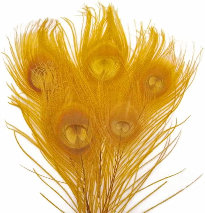 50 Pieces - 30-35" Golden Yellow Bleached & Dyed Peacock Tail Eye Wholesale Feathers (Bulk)