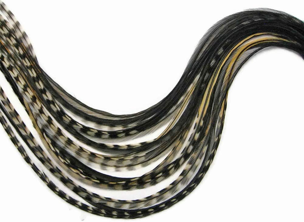 6 Pieces - XL Unique Black Thick Long Grizzly Whiting Farm Rooster Saddle Hair Extension Feathers