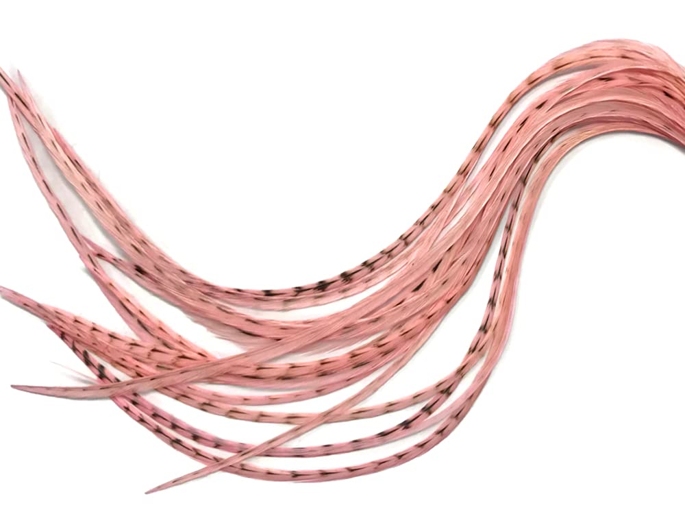 1 Dozen - Medium Unique Pink Grizzly Rooster Saddle Whiting Hair Extension Feathers