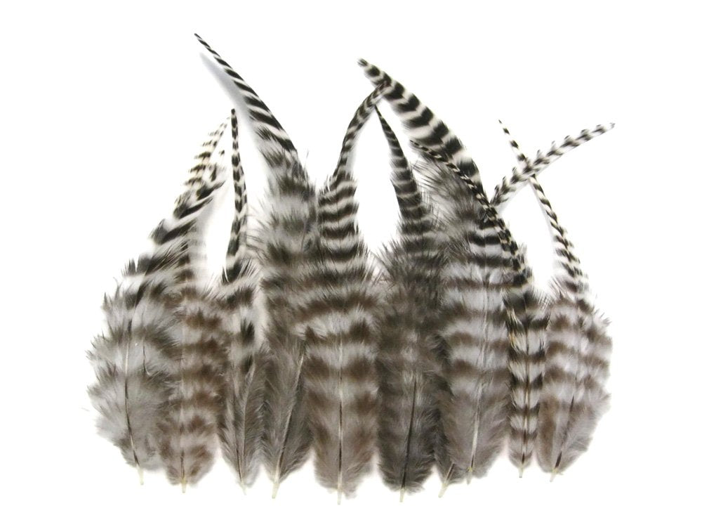 1 Dozen - Medium Natural Grizzly Rooster Saddle Whiting Hair Extension Feathers