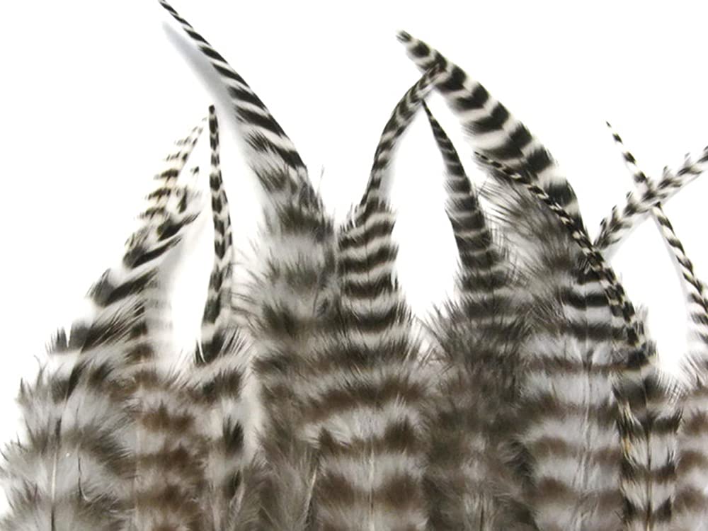 1 Dozen - Medium Natural Grizzly Rooster Saddle Whiting Hair Extension Feathers