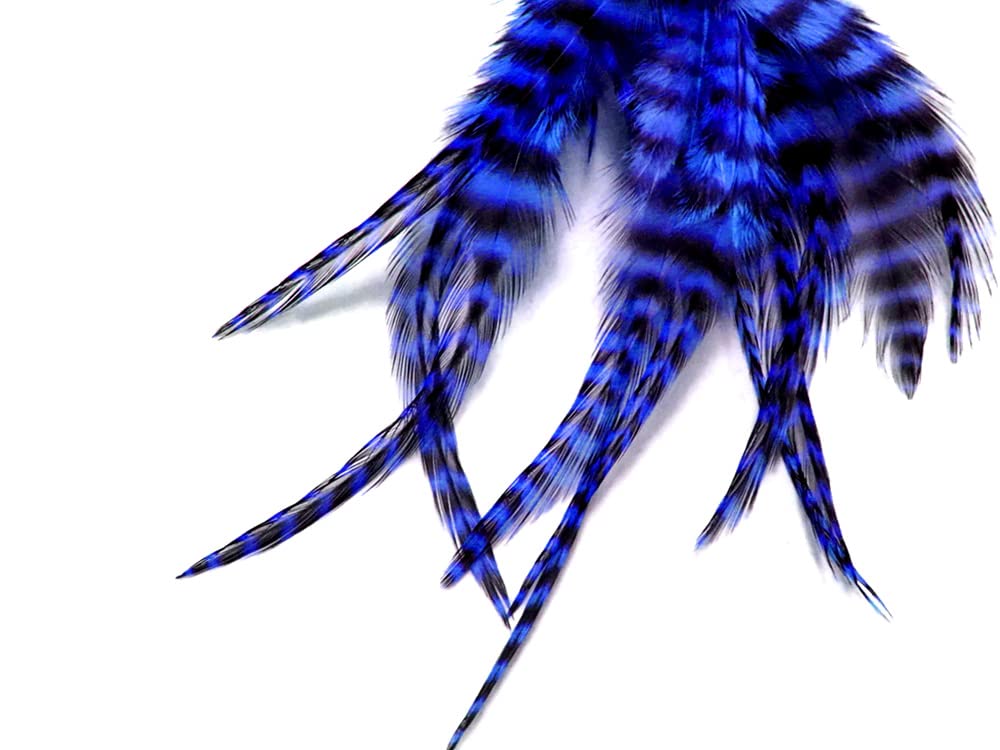 1 Dozen - Medium Royal Blue Grizzly Rooster Saddle Whiting Hair Extension Feathers