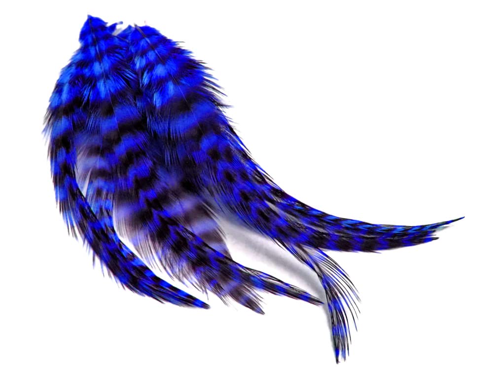 1 Dozen - Medium Royal Blue Grizzly Rooster Saddle Whiting Hair Extension Feathers