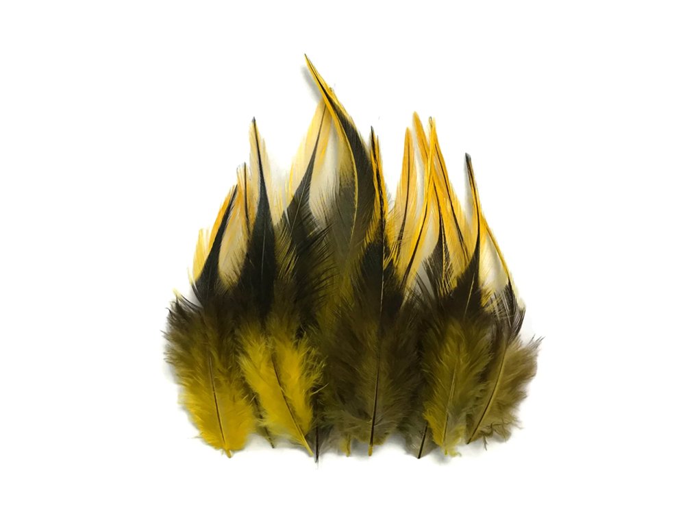 1 Dozen - Medium Yellow Badger Rooster Saddle Whiting Hair Extension Feathers