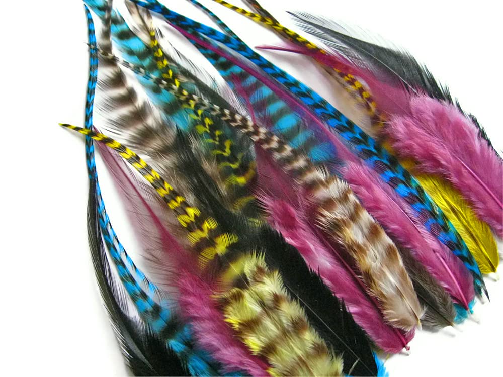 2 Dozen - Short Pixie Mix Grizzly Whiting Farms Rooster Hair Extension Feathers